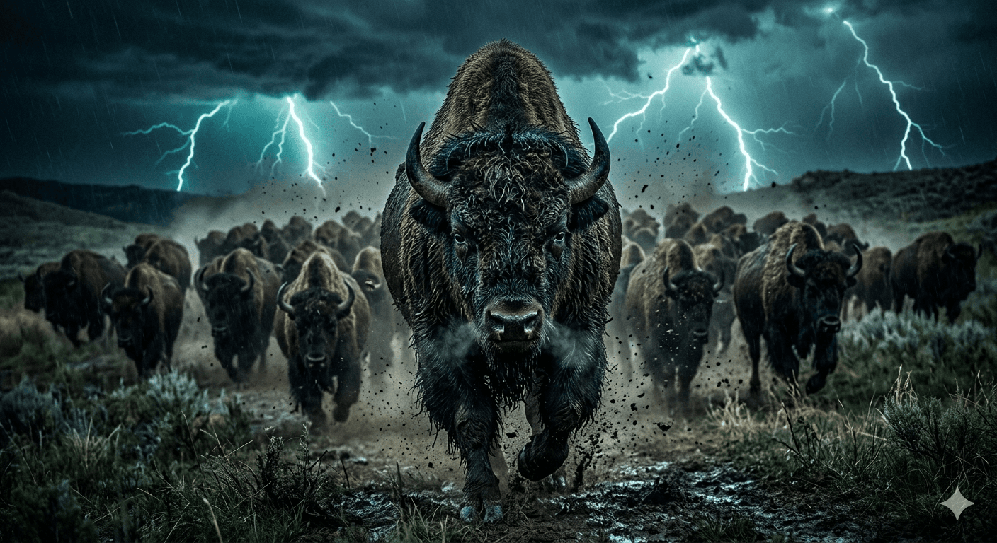 Bison charging through a storm — the Bison Mentality in image form